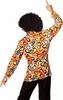 A person wearing a colorful 70s-style shirt and an afro wig, seen from the back, with arms raised. Podgląd zdjęcia produktu