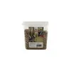 A clear plastic tub filled with birdseed, featuring a label with images of birds and product information. Produktbild-Vorschau