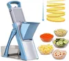 A blue and silver vegetable slicer is shown with various chopped vegetables in bowls around it, and an illustration of sliced potatoes. Voir les images du produit