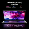 A laptop with a colorful abstract image on its screen, set against a black background. Text overlays highlight battery specifications. Produktbild-Vorschau