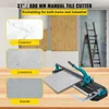 A manual tile cutter is shown on a wooden surface, with examples of ceramic, limestone, and granite tiles displayed in inset boxes. A ladder is visible in the background. Voir les images du produit