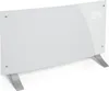 A white electric heater with a digital display and silver legs, set against a white background. Produktbild-Vorschau