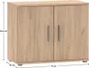 A product shot of a wooden cabinet with dimensions indicated. Produktbild-Vorschau