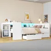 A white bed frame with integrated storage and LED lighting, set up in a bedroom. Podgląd zdjęcia produktu