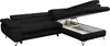 A black sectional sofa with its storage compartment open, showing the interior. Produktbild-Vorschau