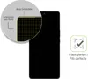 A close-up view of a smartphone screen protector, showing its edge-to-edge coverage and a magnified view of its grid pattern. A checkmark icon and text indicating a perfect fit are also present. Produktbild-Vorschau
