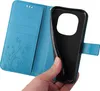 A hand is holding a blue flip-style phone case, showing the inside with card slots and a floral design. Produktbild-Vorschau