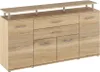 A light brown wooden sideboard with four doors and drawers, topped with a shelf supported by metal posts. Produktbild-Vorschau