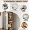 Collage showing a tall wooden cabinet with a glass door and interior lighting, alongside circular images of different rooms (kitchen, dining room, living room, bedroom, study) where the cabinet could be placed. Voir les images du produit