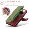 A close-up view of a red leather wallet-style phone case with a green zipper, showing its card slots and zipper compartment. Produktbild-Vorschau