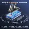 A close-up of a product's battery pack with text overlay. Voir les images du produit