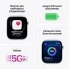 Collage of smartwatch features including heart rate monitoring, battery life, sleep tracking, and 5G connectivity. Produktbild-Vorschau