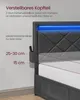 Close-up of a bed's headboard with LED lighting and text overlays. Produktbild-Vorschau