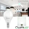 A product image showcasing a light bulb in a modern kitchen/dining setting, with a close-up of the bulb and a graphic overlay. Produktbild-Vorschau