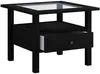 A black side table with a glass top and a drawer. Voir les images du produit