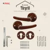 A product shot of door handles and associated hardware, presented with marketing text. Produktbild-Vorschau
