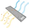 A metal mesh filter for a range hood, with arrows indicating airflow and particles being filtered. Produktbild-Vorschau