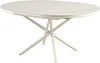 A modern oval dining table with a white marble-look top and a unique criss-cross metal base. Produktbild-Vorschau