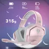 A pink gaming headset with text overlays highlighting its features. Produktbild-Vorschau