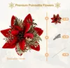 A product image showcasing red and gold poinsettia flowers, along with clips and stems, presented with marketing text and quantity indicators. Produktbild-Vorschau