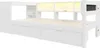 A white wooden bed frame with integrated desk and storage drawers, illuminated by soft overhead lighting. Voir les images du produit