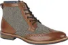A single brown leather and tweed boot is shown against a white background. Voir les images du produit