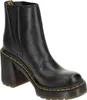 A black leather boot with a platform heel and yellow stitching. Podgląd zdjęcia produktu