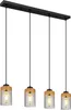 A product shot of a four-light pendant lamp with a black rectangular base and clear glass shades with wood accents. Náhled obrázku produktu