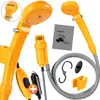 A collage of images showing a portable camping shower kit and its components. Produktbild-Vorschau