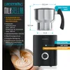Collage of a milk frother, showing its dimensions, features, and a cup of frothed coffee. Produktbild-Vorschau