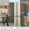 A man is carrying a folded ladder in a kitchen, and a folded ladder is shown next to a refrigerator. Produktbild-Vorschau