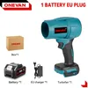 A collage of a cordless leaf blower and its accessories, including a battery, charger, and box, presented against a white background. Produktbild-Vorschau
