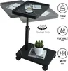 A black C-shaped side table with a marble-like pattern, shown with a cup of coffee and books on its top and bottom shelves. It has wheels for mobility and adjustable height. Feature callouts are present on the right side. Produktbild-Vorschau