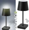 A split image showing a black table lamp on the right and a lit version of the same lamp on the left, with feature icons. Produktbild-Vorschau
