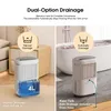 A split image showing a dehumidifier in two different settings: one in a bedroom with manual drainage and another in a bathroom with automatic drainage. Anteprima dell’immagine prodotto