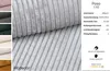 A collage of fabric swatches and a close-up of a gray corduroy fabric with product specifications and quality seals. Produktbild-Vorschau