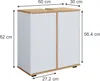 A white and wood cabinet with dimensions indicated by measurement lines and text. Produktbild-Vorschau