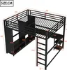 A diagram showing the dimensions of a black metal bunk bed with a desk and shelves. Anteprima dell’immagine prodotto