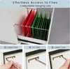 A collage showing a filing cabinet with hanging files, a close-up of the cabinet's interior, and three detailed shots demonstrating how to adjust hanging rods for different paper sizes. Podgląd zdjęcia produktu