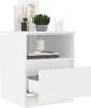 A white nightstand with a drawer and an open shelf, decorated with a plant, books, and an alarm clock on top. Produktbild-Vorschau