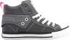 A side view of a gray high-top sneaker with white laces and a pink pull tab. Voir les images du produit