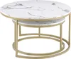 A set of two round nesting coffee tables with marble-effect tops and gold metal frames, presented against a white background. Voir les images du produit
