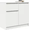 A white sideboard with two drawers and a cabinet door, standing on a subtle plinth, with two books on top. Produktbild-Vorschau