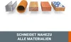 Various materials are shown, including metal, plastic, wood, brick, and tile, with text indicating they can be cut. Produktbild-Vorschau