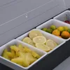 A close-up view of a multi-compartment food or ingredient container filled with various fruits and citrus slices. Produktbild-Vorschau