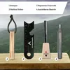 Four survival tools are displayed on a wooden surface with a blurred mountainous background. Produktbild-Vorschau