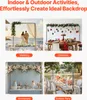Collage of four images showing a backdrop stand used for different events like weddings, Christmas, anniversaries, and outdoor parties. Voir les images du produit