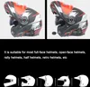 Two motorcycle helmets with a Bluetooth headset attached, followed by text describing compatibility and then illustrations of different helmet types. Náhled obrázku produktu