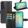 A black leather flip case for a smartphone is shown open, displaying the phone, credit cards, and cash. Produktbild-Vorschau