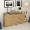 A wooden sideboard with drawers and doors, decorated with vases and a plant, in a room setting. Produktbild-Vorschau